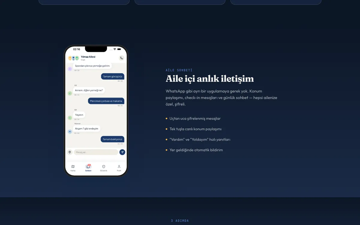 Bir aile konum takip uygulamasının tanıtım sitesindeki özellik bölümü