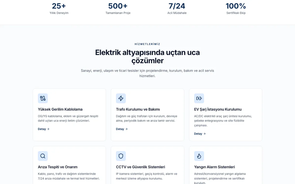 Bir elektrik sistemleri firmasının kurumsal sitesindeki hizmet kartları bölümü