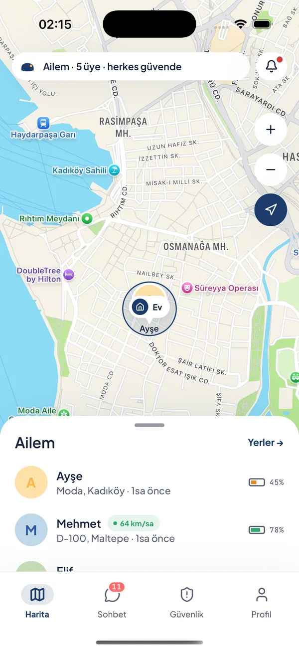 Family members on the map in the Nestilife app