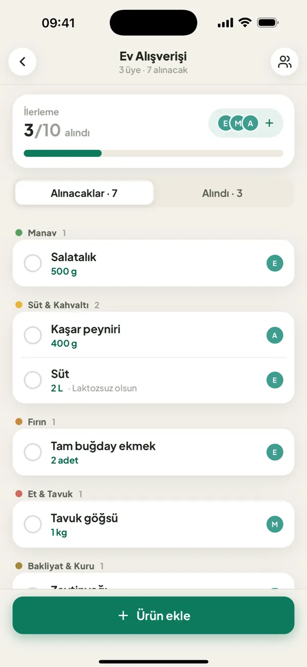 A shared shopping list in the Sepet app