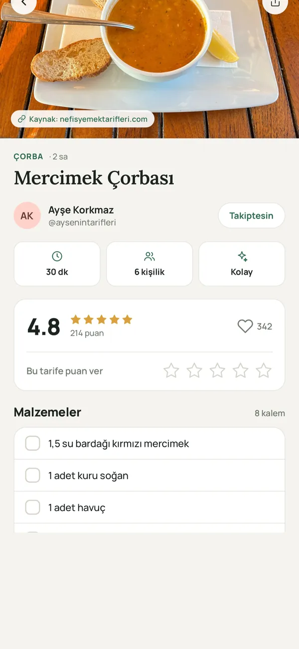 The recipe feed in the Tarif Defterim app