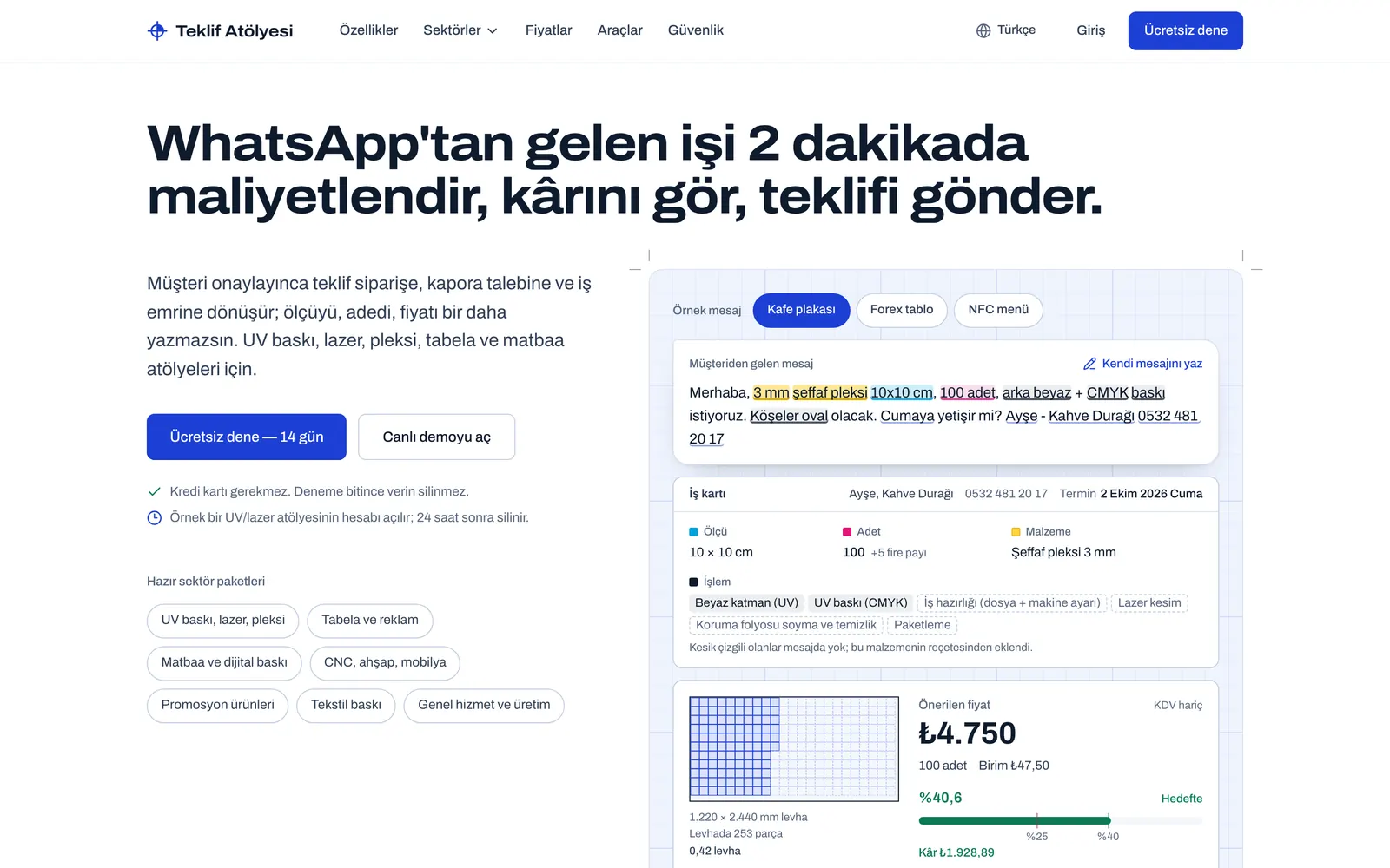A job card and suggested price built from a WhatsApp message in Teklif Atölyesi